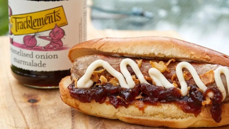 A hot dog rests on a wooden cutting board, topped with fried garlic, caramelized onion marmalade, and sour cream
