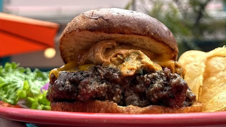 close up of a cheeseburger on a red plate with chips and toppings behind it