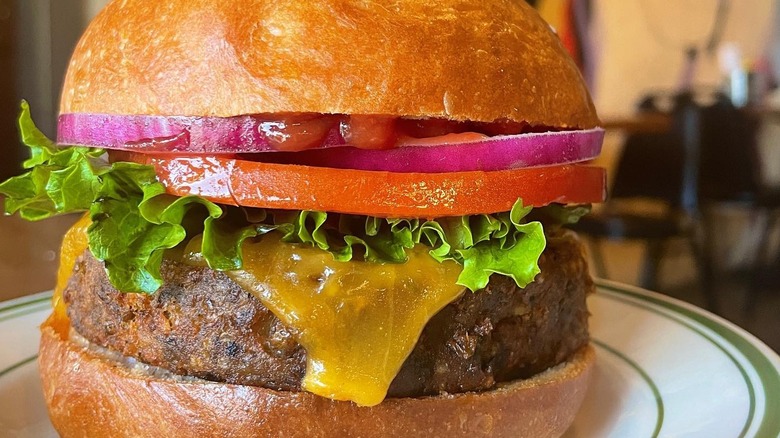 close up of veggie burger on a bun with cheese, tomato, onion, and ketchup