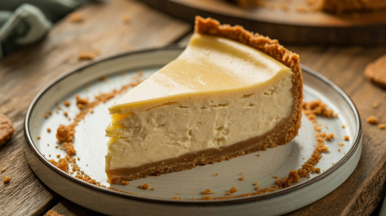 A slice of new york cheesecake is on a plate with graham cracker crumbs around it.