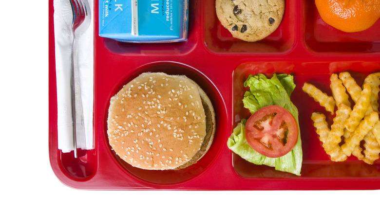 a red plastic lunch tray with a hamburger, small salad, crinkle fries, cookie, orange, and carton of milk.