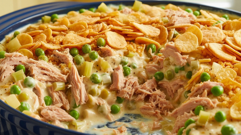 a creamy tuna casserole with peas and crunchy topping.