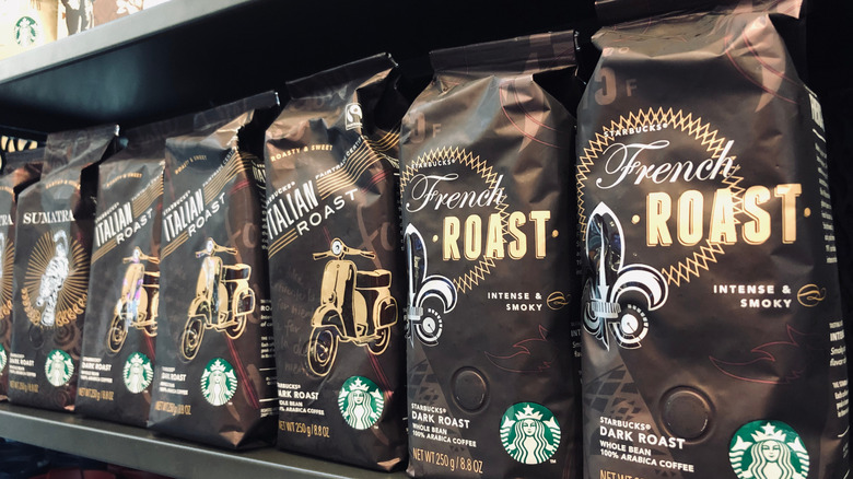 lineup of Starbucks coffee beans bags