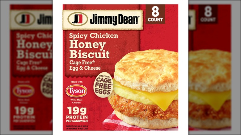 Jimmy Dean Spicy Chicken Egg & Cheese Honey Biscuit package.