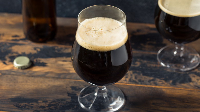Dark stout on a wooden counter