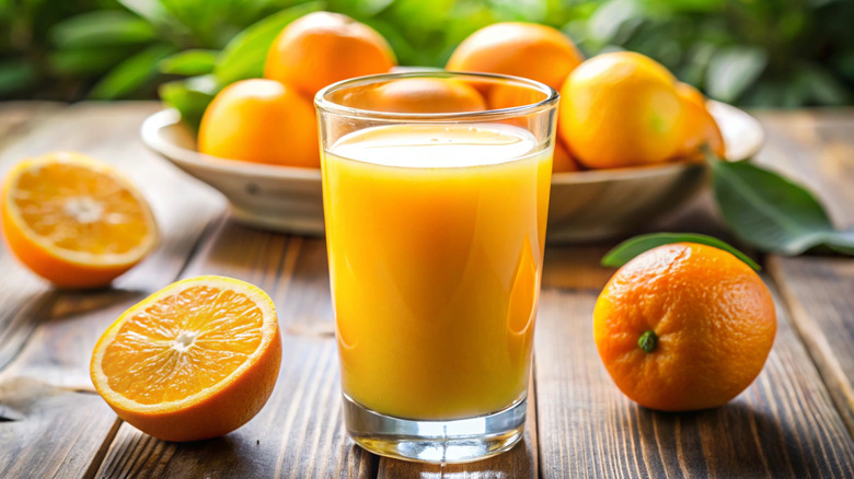 Cup of orange juice surrounded by oranges