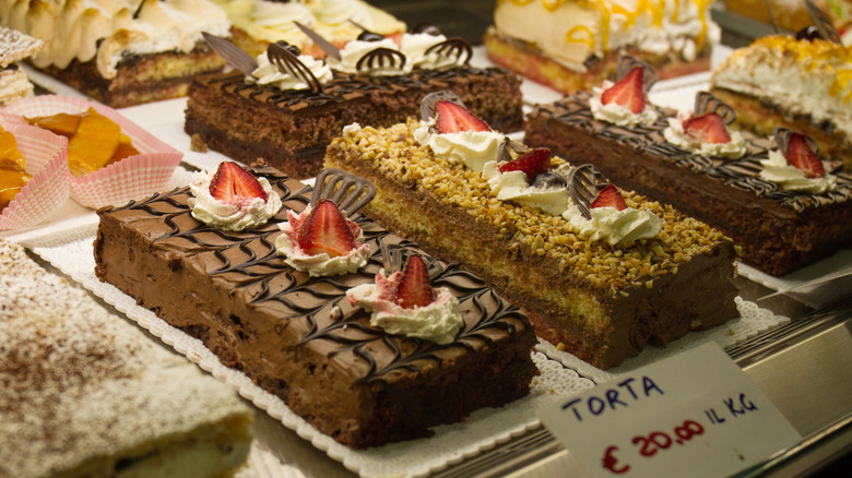 selection of Italian cakes in display window