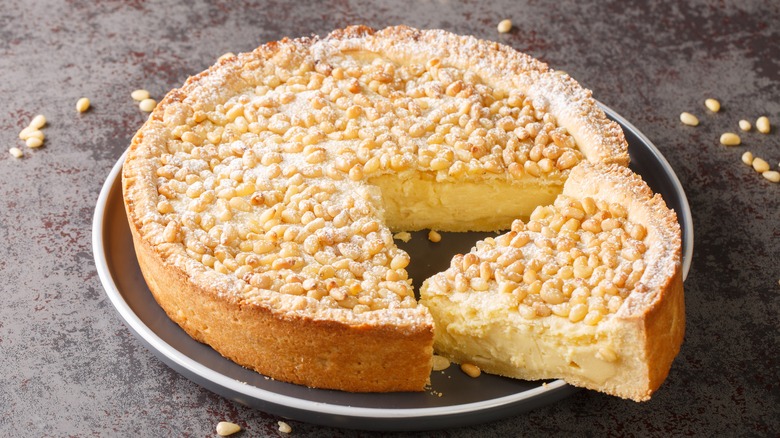 Torta Della Nonna cut in quarters