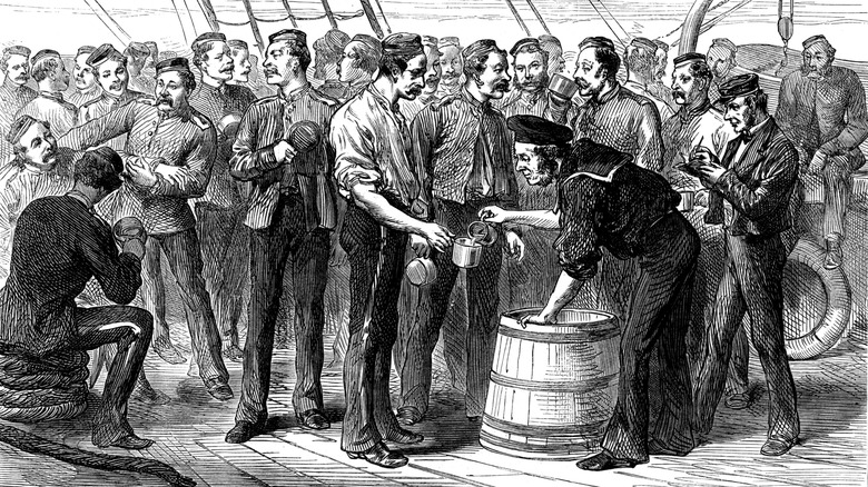 Drawing of grog being ladled out on ship.