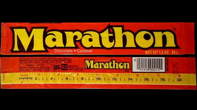 Close-up of the back of an old Marathon bar showing the ruler on the label