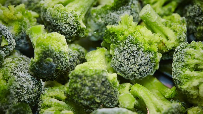 Close-up of frozen broccoli florets