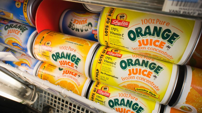 Frozen orange juice concentrate in store freezer