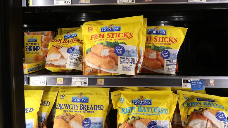 Bags of Gortons frozen fish sticks in store freezer