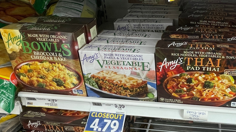 Amy's Organic Vegetable Lasagna stocked next to other frozen Amy's entrees.