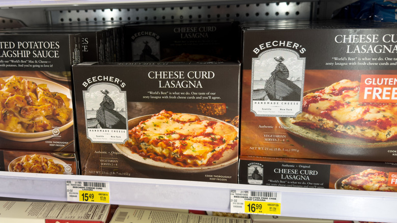 Beecher's Cheese Curd Lasagna in a grocery store freezer section