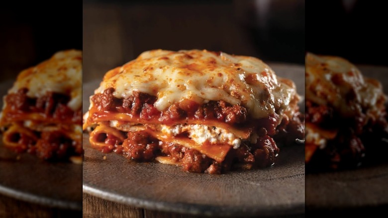 A slice of Omaha Steaks Meat Lovers Lasagna on a plate.