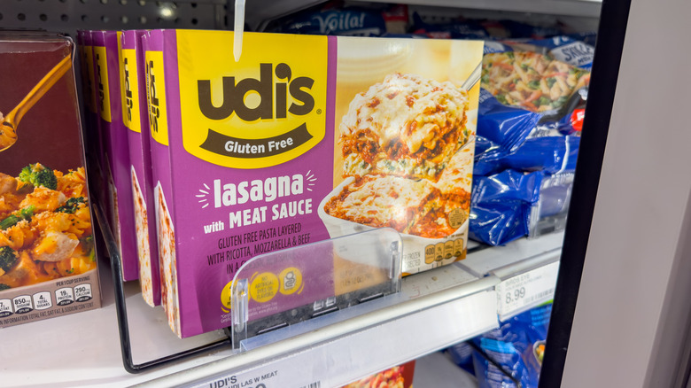 Udi's gluten-free frozen lasagna in a grocery store.