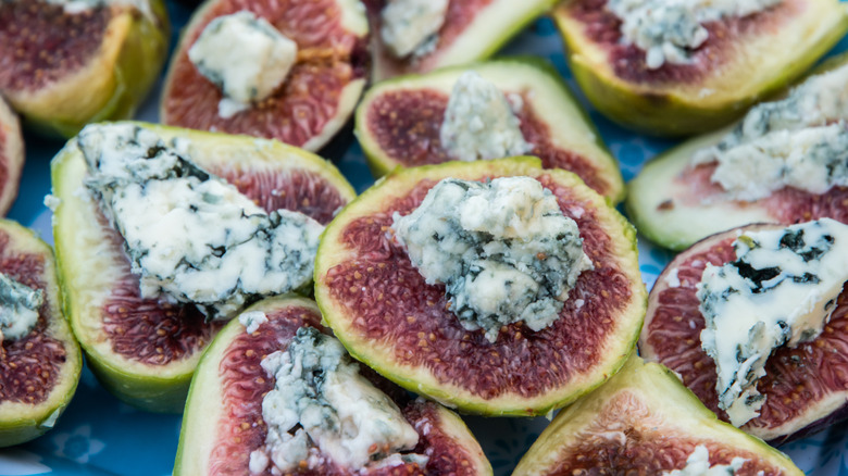 Halved figs with blue cheese.
