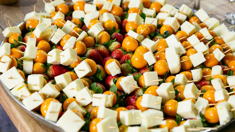 Cape gooseberries and mozzarella skewers.