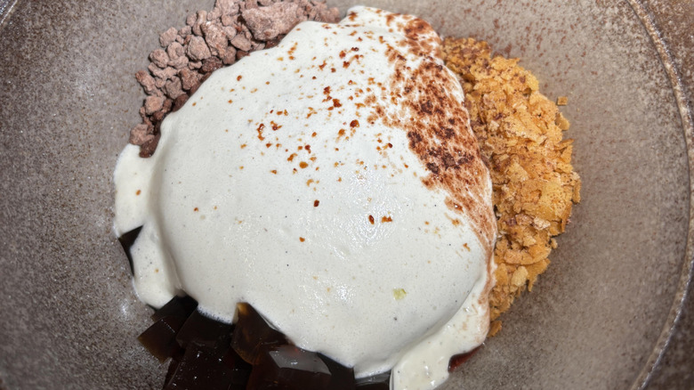 a scoop of white creamy ice cream on a plate surrounded by chocolate pieces and graham cracker crumbs