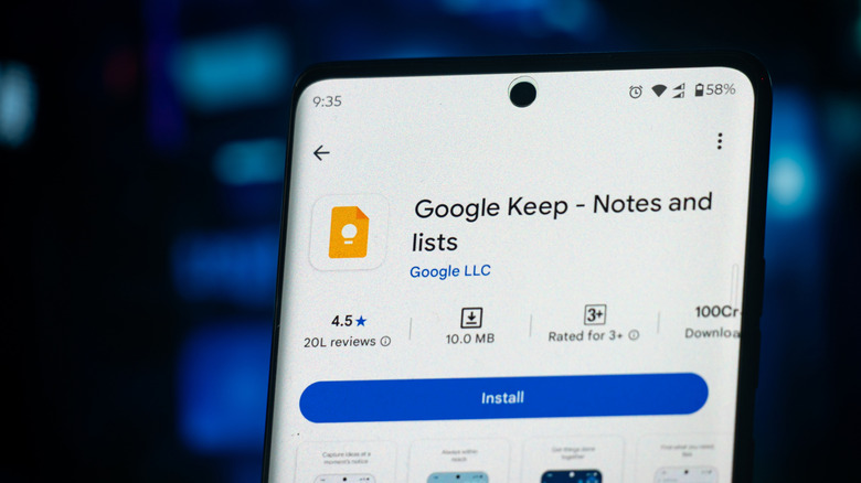 Top of a phone screen showing the installation page for the Google Keep app