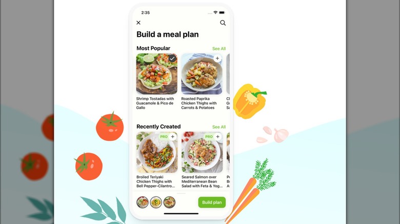 Mealime app interface with illustrated produce on white background