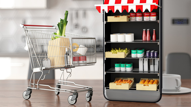 Online grocery app design with phone that looks like a refrigerator and a cart full of groceries