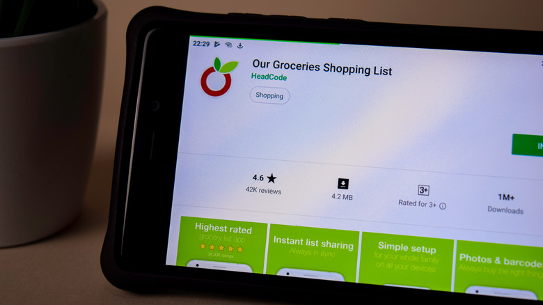 Tablet showing Our Groceries app shopping list
