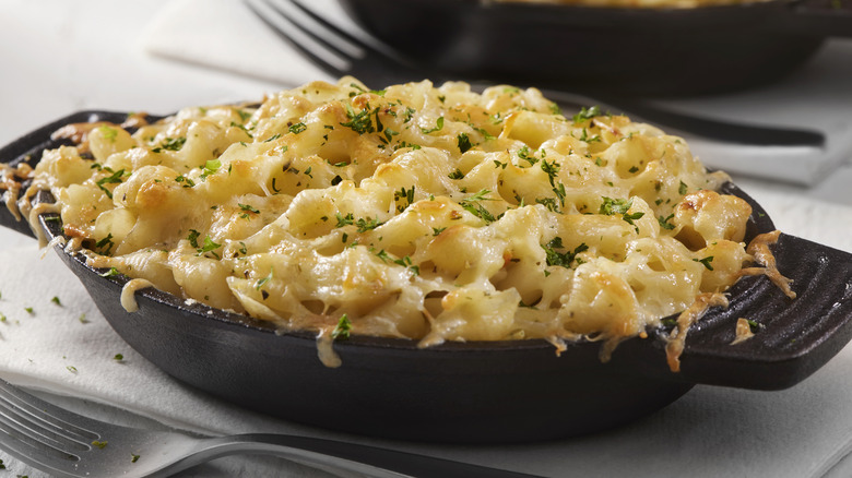 Baked macaroni and cheese in baking dish