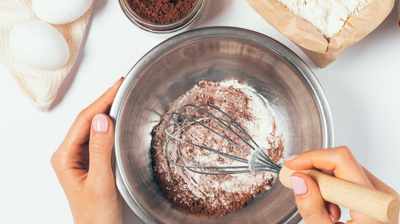combining cake mix and cocoa