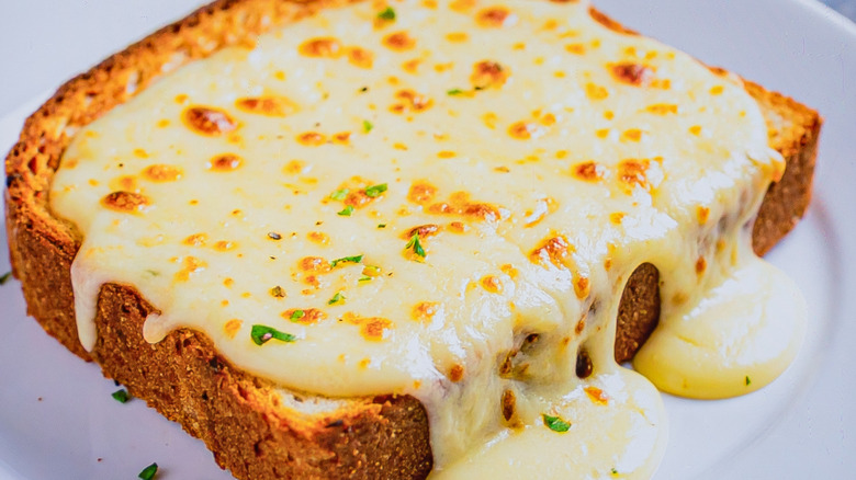Open-faced Welsh rarebit with cheese sauce oozing over the edge of the bread on a white plate