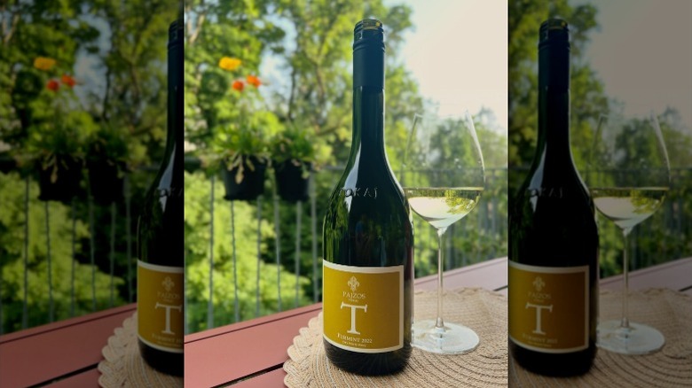 A bottle of furmint wine sits on an outdoor table by a half-filled glass