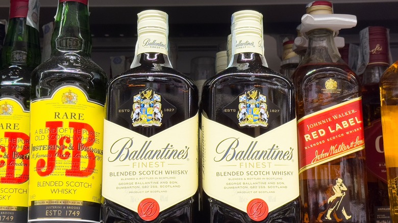 Bottles of scotch on store shelf