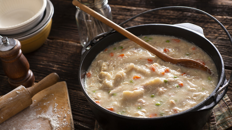 Chicken and dumplings in a Dutch oven