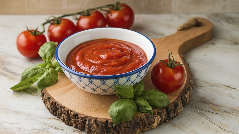 Bowl of tomato sauce surrounded by tomatoes