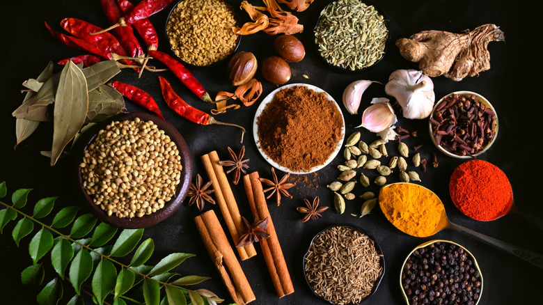 Different spices and peppers in small dishes