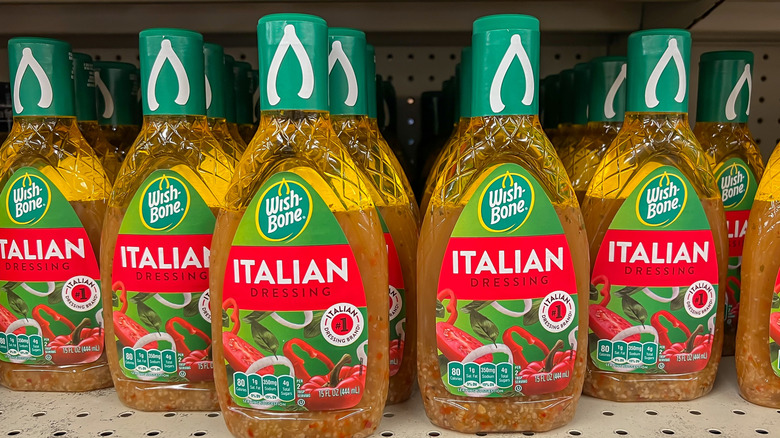 Bottles of Wishbone Italian dressing on supermarket shelf