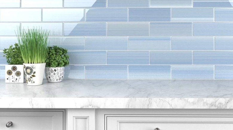 blue glass tile backsplash