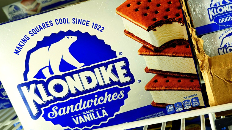 A box of Klondike Vanilla Ice Cream Sandwiches in a store freezer