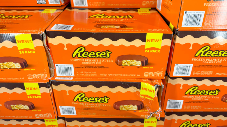Boxes of Reese's Frozen Peanut Butter Dessert Cups on display in store