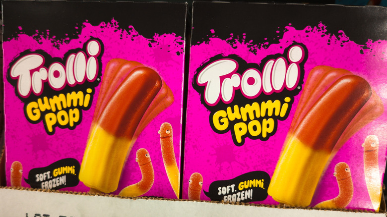 Packages of Trolli Cherry Lemon Gummi Pops on display in a store
