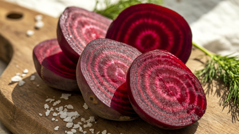 Sliced beets on a wooden board.