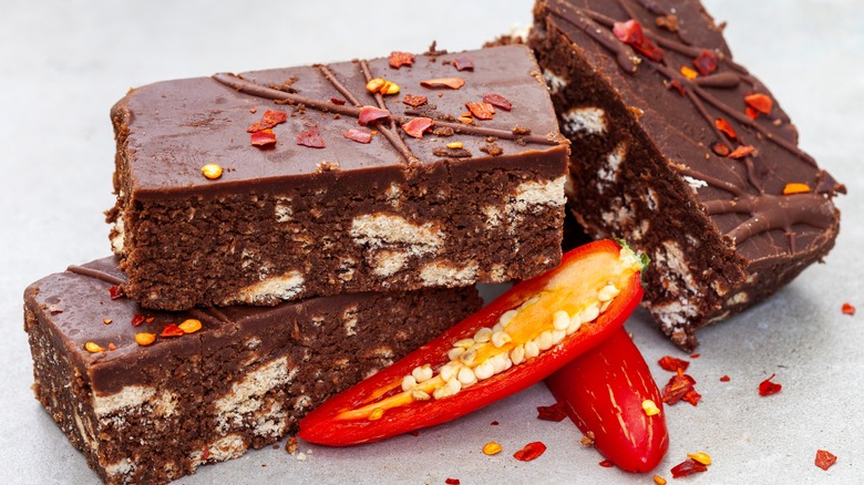 brownies with red chile garnish