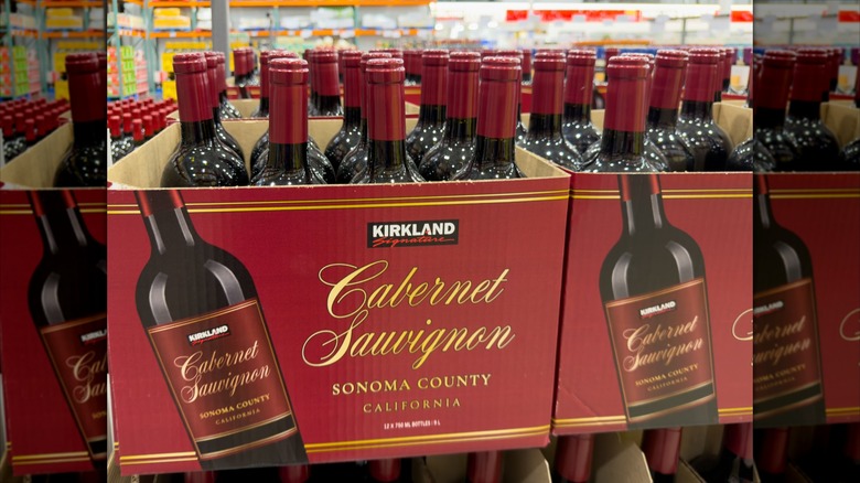 Boxes of Cabernet Sauvignon sit on each other in a Costco