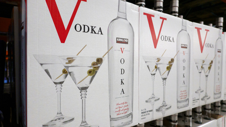 Cases of Kirkland Signature Five Times Distilled Vodka﻿ in a Costco