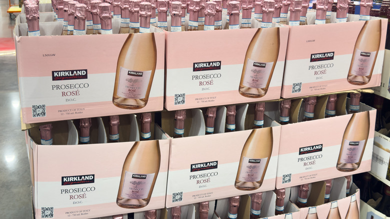 Boxes of Kirkland Signature Prosecco Rosé Wine in a Costco