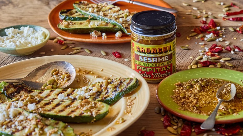 Veggies topped with Crunchy Sesame Sunflower Seeds Pepitas Salsa Macha.