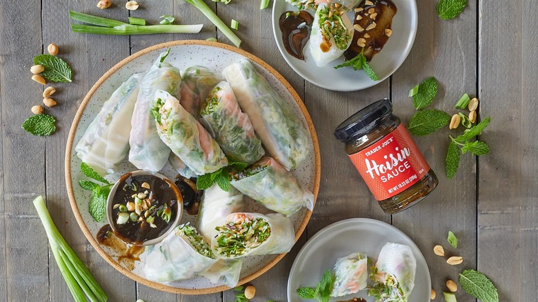 Spring rolls alongside TJ's Hoisin Sauce.