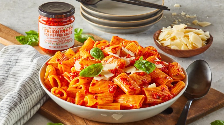 Pasta made with TJ's Italian Bomba Hot Pepper Sauce.