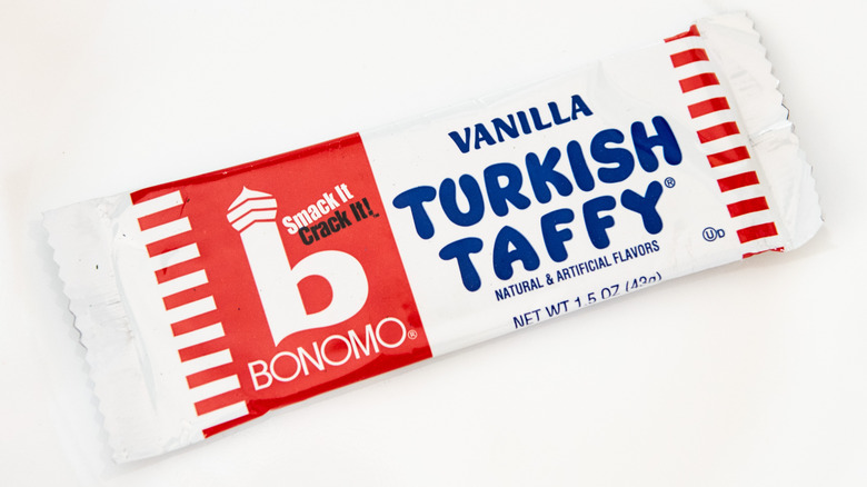 A bar of Bonomo Turkish Taffy sits against a white background